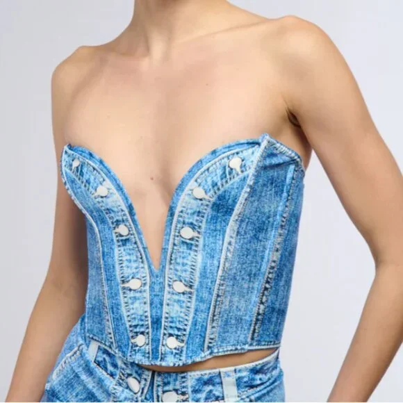 Callie Lives Digitize Me AKIRA Blue Day Dreaming Denim Printed Corset Top S - Picture 8 of 8